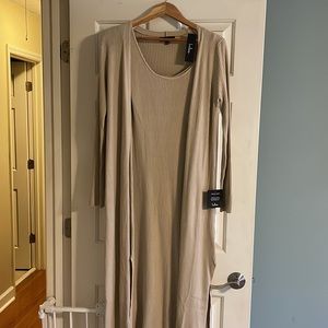 2 Piece knit Ribbed Beige dress and cardigan set